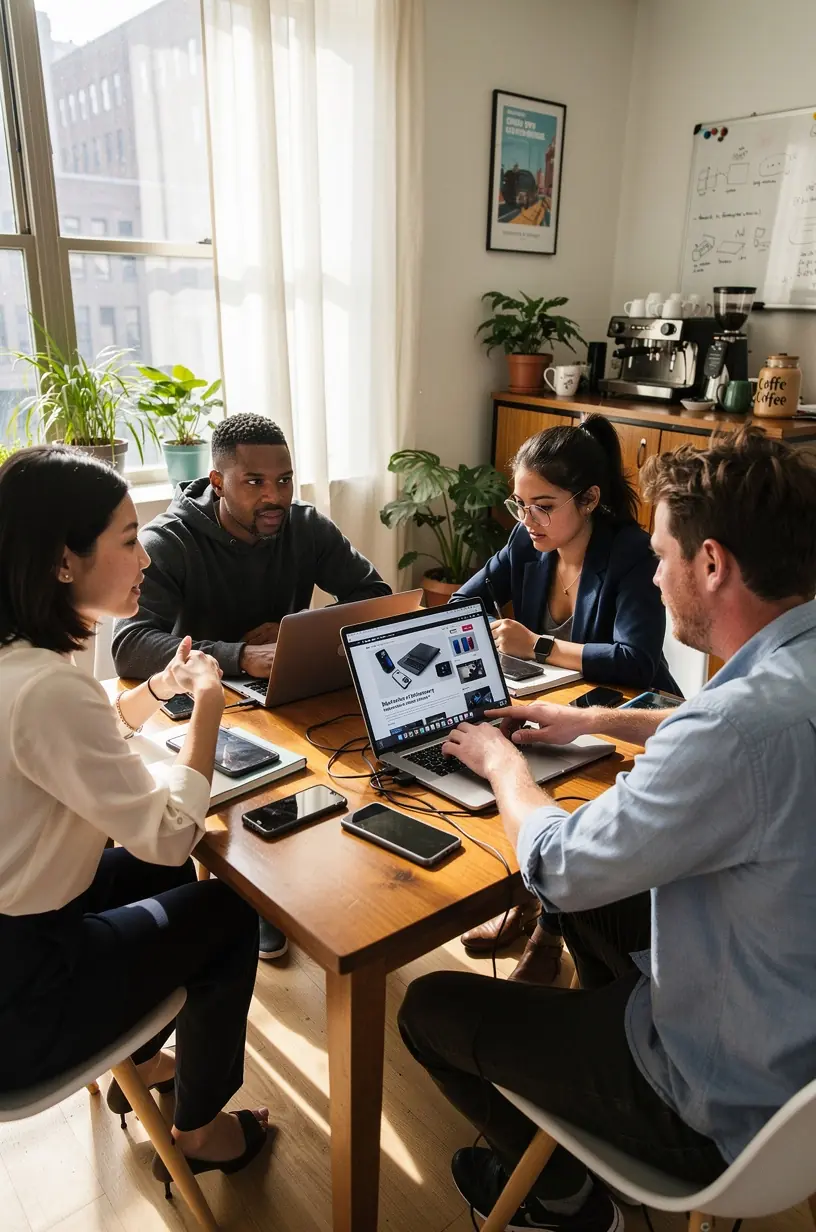 Close-up of a professional workspace featuring a laptop, smartphone, and digital planner, illustrating tools for simplifying daily routines and boosting efficiency.
